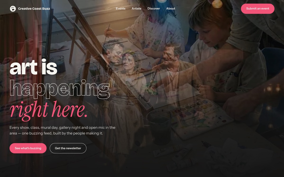The Creative Coast Buzz homepage, a painting class photographed behind the headline art is happening right here