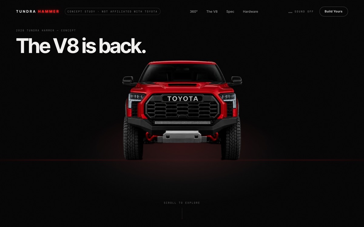 The Tundra Hammer concept page, a red pickup truck lit against black with the headline The V8 is back